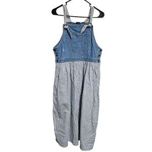 Vintage Liz Wear Blue Denim Pinstripe Overall Dress Sz Medium Seersucker Pockets